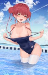 Rule 34 | 1girl, absurdres, blush, breasts, collarbone, commentary request, competition school swimsuit, double bun, fang, hair bun, heterochromia, highres, hololive, houshou marine, large breasts, long hair, looking at viewer, old school swimsuit, one-piece swimsuit, open mouth, pool, red eyes, red hair, school swimsuit, smile, solo, swimsuit, tan, tanline, thighhighs, thighs, tojo aoi, virtual youtuber, white thighhighs, yellow eyes