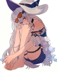 Rule 34 | 1girl, arknights, bare shoulders, barefoot, black choker, blue shorts, choker, commentary, full body, hair between eyes, hat, head on knees, highres, hugging own legs, knees up, latutou1, legs together, long hair, looking at viewer, off-shoulder shirt, off shoulder, official alternate costume, orca hair ornament, own hands together, red eyes, shirt, shorts, sidelocks, silver hair, simple background, sitting, skadi (arknights), skadi (waverider) (arknights), solo, sun hat, swimsuit, symbol-only commentary, thigh strap, thighs, very long hair, white background, white hat
