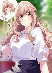 Rule 34 | 1girl, :d, asahina-san quest, asahina mai (asahina-san quest), blouse, blurry, blush, breasts, brown eyes, clenched hands, closed mouth, depth of field, hair ornament, hair over breasts, hairclip, hand on own chest, happy, highres, light brown hair, lips, long hair, looking at viewer, medium breasts, novel illustration, official art, open mouth, outdoors, shirt, smile, smirk, solo, speech bubble, textless version, u35, upper body, v-shaped eyebrows, wavy hair, white shirt