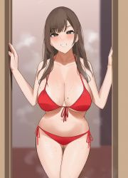 Rule 34 | 1girl, bad id, bad pixiv id, bikini, black eyes, blush, breasts, brown hair, cleavage, gluteal fold, gongba laoge, grin, highres, large breasts, long hair, looking at viewer, mole, mole on breast, original, red bikini, smile, solo, sweat, swimsuit