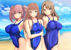 Rule 34 | 3girls, atlanta (kancolle), bare shoulders, beach, blue sky, blue one-piece swimsuit, blush, breasts, brown hair, closed mouth, cloud, collarbone, competition swimsuit, covered navel, day, earrings, grey eyes, helena (kancolle), highleg, highleg swimsuit, highres, holding own arm, houston (kancolle), jewelry, kantai collection, large breasts, long hair, looking at viewer, montemasa, multiple girls, ocean, one-piece swimsuit, open mouth, outdoors, parted lips, pink hair, sky, smile, standing, star (symbol), star earrings, swimsuit, tagme, twintails, water, yellow eyes