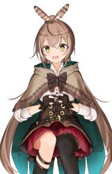 Rule 34 | 1girl, :d, absurdres, ahoge, asymmetrical legwear, belt, brown capelet, brown cloak, brown corset, brown hair, cape, capelet, cloak, corset, farat0827, feather hair ornament, feathers, gloves, hair ornament, hairclip, highres, hololive, hololive english, knee strap, kneehighs, long hair, looking at viewer, multicolored hair, nanashi mumei, open mouth, partially fingerless gloves, pleated skirt, ponytail, red skirt, ribbon, shirt, single kneehigh, single sock, single thighhigh, skirt, smile, socks, streaked hair, teeth, thigh strap, thighhighs, upper teeth only, very long hair, virtual youtuber, white shirt, yellow eyes