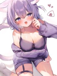 Rule 34 | 1girl, absurdres, animal ear fluff, animal ears, arm under breasts, bare shoulders, blush, breasts, camisole, cat ears, cat girl, cat tail, cleavage, collarbone, commentary, fang, hair between eyes, heart, highres, hololive, jacket, large breasts, long sleeves, looking at viewer, maru ccy, nekomata okayu, nekomata okayu (membership), off shoulder, official alternate costume, official alternate hairstyle, onigiri print, open mouth, puffy long sleeves, puffy sleeves, purple camisole, purple eyes, purple hair, purple jacket, purple shorts, short hair, short shorts, shorts, simple background, sitting, skin fang, socks, solo, symbol-only commentary, tail, two side up, virtual youtuber, white background, white socks