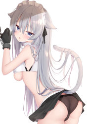 Rule 34 | 1girl, animal ears, ass, bare shoulders, black gloves, black panties, black skirt, blouse, blue eyes, blush, breasts, cat ears, cat girl, cat tail, chain, commentary request, cowboy shot, crop top, cuffs, floppy ears, frilled shirt, frills, from behind, from side, gloves, hair between eyes, hand up, headdress, kamu (geeenius), leaning forward, long hair, looking at viewer, looking back, maid headdress, medium breasts, microskirt, midriff, no bra, open mouth, original, panties, restrained, shirt, silver hair, simple background, skindentation, skirt, sleeveless, sleeveless shirt, slit pupils, solo, tail, tail raised, underboob, underwear, very long hair, white background, white shirt