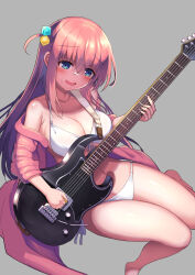 Rule 34 | 1girl, blue eyes, blush, bocchi the rock!, bra, breasts, collarbone, cube hair ornament, electric guitar, gotoh hitori, grey background, guitar, hair between eyes, hair ornament, highres, holding, holding instrument, instrument, jacket, large breasts, long hair, navel, open clothes, open jacket, open mouth, panties, pink hair, pink jacket, simple background, solo, underwear, white bra, white panties, yamaha pacifica, yuutopia