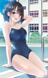 Rule 34 | 1girl, black hair, blue sky, blue one-piece swimsuit, bob cut, breasts, building, cloud, collarbone, commentary request, competition school swimsuit, cowboy shot, day, fence, highres, iwanishi, looking at viewer, medium breasts, one-piece swimsuit, open mouth, original, outdoors, poolside, red eyes, school swimsuit, short hair, sitting, sky, smile, soaking feet, solo, swimsuit, water