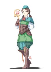 Rule 34 | 1girl, advance wars, alternate costume, arm behind back, automatic giraffe, boots, brown eyes, brown footwear, brown gloves, brown hair, capelet, commentary, company connection, dated, english commentary, fire emblem, flat chest, gloves, green thighhighs, high heels, holding, holding staff, looking at viewer, neckerchief, nintendo, raglan sleeves, red neckerchief, shadow, short twintails, sonja (advance wars), staff, thigh boots, thighhighs, twintails, underbust