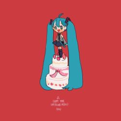 Rule 34 | 1girl, absurdly long hair, ahoge, bare shoulders, birthday, black footwear, black necktie, black socks, blue eyes, blue hair, blue skirt, blush stickers, boots, chibi, detached sleeves, english text, grey shirt, grey sleeves, hair ornament, hatsune miku, kneehighs, long hair, long sleeves, looking at viewer, miniskirt, necktie, open mouth, putong xiao gou, red background, shirt, shoulder tattoo, skirt, sleeveless, sleeveless shirt, smile, socks, tattoo, teeth, twintails, upper teeth only, very long hair, vocaloid