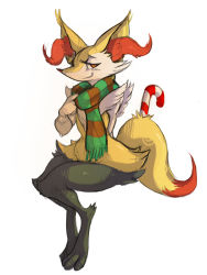 Rule 34 | 1girl, actionbastardvirginblaster (assley), adjusting clothes, animal ears, animal hands, arm behind back, blush, braixen, candy, candy cane, christmas, creatures (company), feet, food, fox ears, full body, furry, furry female, game freak, gen 6 pokemon, grin, guoh, half-closed eyes, looking at viewer, nintendo, pokemon, pokemon (creature), pokemon sm, red eyes, scarf, simple background, sitting, smile, solo, striped clothes, striped scarf, teeth, white background