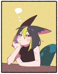 Rule 34 | 1boy, animal ear fluff, animal ears, bare shoulders, black hair, black shirt, blush, border, bright pupils, brown eyes, closed mouth, covered collarbone, elbow rest, fox boy, fox ears, fox tail, genshin impact, green eyes, green hair, hair between eyes, hand up, head rest, male focus, multicolored eyes, multicolored hair, nploser, shirt, short hair, simple background, sleeveless, sleeveless shirt, solo, streaked hair, table, tail, thinking, thought bubble, tighnari (genshin impact), turtleneck, white border, white pupils, yellow background