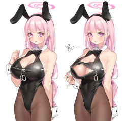 Rule 34 | 1girl, animal ears, bare arms, bare shoulders, black leotard, blue archive, bow, bowtie, breasts, brown pantyhose, cleavage, cleavage cutout, clothing cutout, covered navel, cowboy shot, eimi (blue archive), fake animal ears, hairband, halo, hand up, highleg, highleg leotard, impossible clothes, impossible leotard, large breasts, leotard, long hair, looking at viewer, multiple views, pantyhose, parted lips, pink hair, playboy bunny, popqn, purple eyes, rabbit ears, sweatdrop, unzipping, wing collar, wrist cuffs, zipper, zipper pull tab
