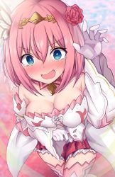 Rule 34 | 1girl, bare shoulders, blue eyes, blush, breasts, cleavage, dress, elbow gloves, flower, gloves, hair flower, hair ornament, hairband, highres, large breasts, long sleeves, looking at viewer, open mouth, pink hair, princess connect!, puffy sleeves, red skirt, ringed eyes, shiki (catbox230123), short hair, skirt, smile, solo, thighhighs, wavy mouth, white dress, white gloves, yui (princess) (princess connect!), yui (princess connect!)