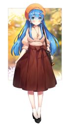 Rule 34 | 10s, 1girl, :o, alternate hair length, alternate hairstyle, ayamy, bag charm, black footwear, blue eyes, blue hair, blurry, blurry background, blush, bow, breasts, brown sweater, charm (object), commentary request, contemporary, depth of field, earrings, full body, hair between eyes, hair ornament, hairclip, hat, highres, jewelry, large breasts, long hair, long skirt, long sleeves, looking at viewer, necklace, orange hat, outside border, parted lips, re:zero kara hajimeru isekai seikatsu, red bow, red skirt, rem (re:zero), shoes, sidelocks, skirt, skirt hold, socks, solo, standing, straight hair, sweater, very long hair, white socks, x hair ornament