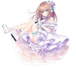 Rule 34 | 1girl, bare shoulders, blush, bow, brown hair, closed mouth, commentary request, crown, dress, eyebrows hidden by hair, flower, green bow, green eyes, hair bow, hair flower, hair ornament, hairclip, holding, holding microphone, layered dress, long hair, looking at viewer, microphone, mini crown, nijisanji, off-shoulder dress, off shoulder, pink flower, pink rose, pleated dress, rose, shoe soles, shoes, simple background, smile, solo, striped, striped bow, sumisaki yuzuna, suzuhara lulu, tilted headwear, virtual youtuber, white background, white dress, white footwear, x hair ornament