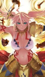 Rule 34 | 1girl, ahoge, angelica (fate/kaleid liner), armor, armpits, bikini, bikini top only, blonde hair, cosplay, craft essence (fate), fate/grand order, fate/kaleid liner prisma illya, fate (series), gilgamesh (fate), gilgamesh (fate) (cosplay), gold armor, jewelry, necklace, official art, shoulder armor, solo, swimsuit, sword, tagme, tattoo, twintails, weapon