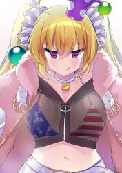 1girl blonde_hair breasts closed_mouth clownpiece hat kujou_mikuru large_breasts long_hair purple_eyes solo touhou touhou_lostword white_background