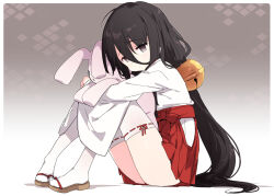 Rule 34 | 1girl, black eyes, black hair, chuugoku usagi, commentary request, empty eyes, hair ornament, hakama, hakama skirt, hugging object, japanese clothes, long hair, looking at viewer, miko, petenshi (dr. vermilion), ponytail, red skirt, sandals, shirt, sitting, skirt, solo, stuffed animal, stuffed rabbit, stuffed toy, thighhighs, thighs, voicevox, white shirt, white thighhighs