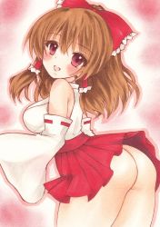 Rule 34 | 1girl, absurdres, ass, bare shoulders, blush, bow, breasts, brown hair, detached sleeves, hair bow, hair tubes, hakurei reimu, highres, long hair, looking at viewer, looking back, medium breasts, no panties, open mouth, red eyes, skirt, smile, solo, standing, touhou, traditional media, waitan1729
