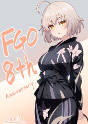 Rule 34 | 1girl, :o, absurdres, ahoge, alternate costume, anniversary, arms behind back, artist name, black kimono, blush, commentary request, copyright name, curio (curiofinity), fate/grand order, fate (series), floral print, floral print kimono, grey hair, hair between eyes, highres, japanese clothes, jeanne d&#039;arc alter (fate), kimono, looking at viewer, print kimono, short hair, solo, yellow eyes, yukata