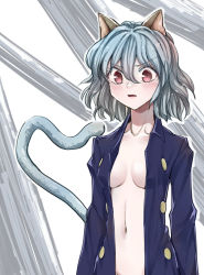 Rule 34 | 1girl, animal ears, breasts, cat ears, cat tail, claws, cleavage, fangs, female focus, highres, hunter x hunter, joints, neferpitou, open clothes, open shirt, red eyes, shirt, short hair, slit pupils, tail, white hair, yagisawa teru