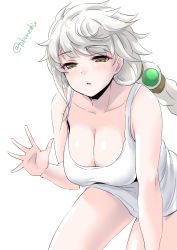Rule 34 | 1girl, asymmetrical hair, bad anatomy, bad hands, blush, braid, braided ponytail, breasts, collarbone, cowboy shot, highres, kantai collection, large breasts, long hair, one-hour drawing challenge, orb, parted lips, simple background, single braid, solo, takomeshi, tank top, twitter username, unryuu (kancolle), very long hair, white background, white hair, yellow eyes