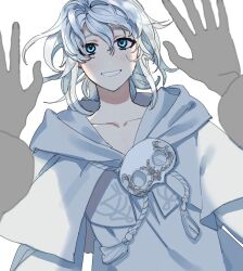 Rule 34 | 1boy, 1other, absurdres, blue eyes, final fantasy, final fantasy xiv, gg dal, grey hair, highres, looking at viewer, mask, mask around neck, pov, pov hands, simple background, smile, sophist&#039;s robe (ff14), sweat, warrior of light (ff14), white background