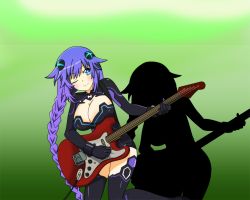 Rule 34 | 10s, 1girl, ;), blue eyes, blush, braid, breasts, cleavage, cleavage cutout, clothing cutout, female focus, gradient background, green background, guitar, hair ornament, head tilt, instrument, large breasts, leotard, long hair, looking at viewer, mizukagi yakuhina, neptune (neptunia), neptune (series), one eye closed, purple hair, purple heart (neptunia), revealing clothes, shadow, smile, solo, standing, symbol-shaped pupils, twin braids, very long hair, wink