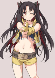 Rule 34 | 1girl, black hair, breasts, commentary request, earrings, fate/grand order, fate (series), hair ribbon, hoop earrings, ishtar (fate), jewelry, long hair, looking at viewer, medium breasts, navel, one eye closed, parted bangs, pointing, pointing at viewer, red eyes, ribbon, shiseki hirame, simple background, smile, solo, space ishtar (fate), space ishtar (second ascension) (fate), two side up