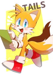 Rule 34 | 1boy, animal ears, animal nose, blue eyes, child, commentary, commentary request, fang, fox boy, fox ears, fox tail, furry, furry male, gloves, highres, looking at viewer, male focus, misuta710, multiple tails, open mouth, orange fur, red footwear, shoes, simple background, smile, sneakers, sonic (series), symbol-only commentary, tail, tails (sonic), two tails, white gloves