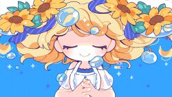 Rule 34 | 1girl, air bubble, bare shoulders, blonde hair, blue background, blue ribbon, bubble, closed eyes, closed mouth, color guide, commentary request, diagonal-striped ribbon, dot nose, dress, facing viewer, film grain, floating hair, flower, hair ribbon, hands up, highres, interlocked fingers, long hair, nagino nichiko, original, own hands together, ribbon, see-through, see-through sleeves, smile, solo, sparkle, straight-on, upper body, white dress, yellow flower