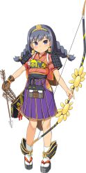 Rule 34 | 1girl, arrow (projectile), artist request, blue eyes, blue hair, bow (weapon), braid, earrings, full body, hair ornament, holding, holding arrow, holding bow (weapon), holding weapon, jewelry, obi (oshiro project), official art, oshiro project:re, oshiro project:re, pleated skirt, quiver, short sleeves, skirt, solo, transparent background, twintails, weapon
