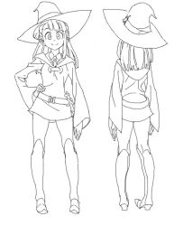 Rule 34 | 10s, 1girl, belt, boots, character sheet, cosmic bear, greyscale, hand on own hip, hat, hood, hoodie, kagari atsuko, knee boots, lineart, little witch academia, miniskirt, monochrome, skirt, smile, solo, thigh gap, wide sleeves, witch hat