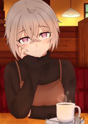 Rule 34 | 1girl, absurdres, alternate costume, bench, brown sweater, cafe, casual, ceiling light, creamer (vessel), crossed bangs, cup, drink, girls&#039; frontline, gotoo, hair between eyes, hand on own cheek, hand on own face, highres, interior, light smile, long sleeves, looking at viewer, m200 (girls&#039; frontline), nail polish, pink eyes, pink nails, plate, sidelocks, silver hair, sitting, solo, steam, sweater, turtleneck, turtleneck sweater, window
