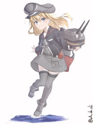 Rule 34 | 1girl, absurdres, adapted turret, aged down, anchor, atodashi, bismarck (kancolle), blonde hair, blue eyes, cannon, dress, full body, grey dress, grey thighhighs, hat, highres, kantai collection, long hair, long sleeves, military hat, peaked cap, rigging, smile, solo, standing, standing on liquid, thighhighs
