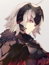 Rule 34 | 1girl, absurdres, ahoge, armor, breasts, chain, fate/grand order, fate (series), fur trim, grey hair, headpiece, highres, jeanne d&#039;arc (fate), jeanne d&#039;arc alter (avenger) (fate), jeanne d&#039;arc alter (fate), large breasts, looking at viewer, same (sendai623), short hair, simple background, smile, solo, upper body, yellow eyes