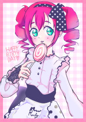Rule 34 | 1girl, :p, absurdres, alternate hairstyle, apron, aqua eyes, artist name, artist request, blush, bow, breasts, candy, checkered background, close-up, dress, drill hair, female focus, food, frilled shirt collar, frills, green eyes, hair between eyes, hair bow, highres, holding, holding candy, holding food, kurosawa ruby, long sleeves, looking at viewer, love live!, love live! sunshine!!, miniskirt, parted lips, plaid, plaid dress, plaid skirt, pleated, pleated dress, pleated skirt, polka dot, polka dot bow, polka dot skirt, puffy long sleeves, puffy sleeves, red hair, short hair, skirt, smile, solo, tongue, tongue out, white apron, white dress, white skirt