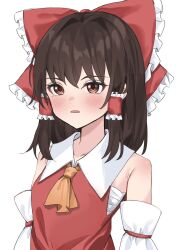 Rule 34 | 1girl, ascot, bare shoulders, blush, bow, breasts, brown eyes, brown hair, detached sleeves, frilled bow, frills, hair bow, hair tubes, hakurei reimu, highres, parted lips, ramiki, red bow, ribbon-trimmed sleeves, ribbon trim, sarashi, small breasts, solo, touhou, upper body