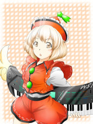 Rule 34 | 1girl, adapted costume, brown eyes, hat, highres, holding, holding behind back, instrument, keyboard (instrument), light brown hair, lyrica prismriver, mubii, patterned background, shooting star, short hair, shorts, solo, touhou, vest, wings