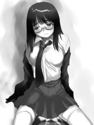 Rule 34 | 1girl, glasses, greyscale, monochrome, sakaki imasato, school uniform, serafuku, solo, thighhighs