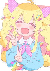 Rule 34 | 1girl, :d, ^ ^, antenna hair, blonde hair, blue shirt, blush, braid, closed eyes, collared shirt, commentary, copyright request, cropped torso, double bun, double v, facing viewer, fang, hair between eyes, hair bun, highres, jigatei (omijin), long hair, long sleeves, neckerchief, open mouth, pink neckerchief, print neckerchief, puffy long sleeves, puffy sleeves, puzzle piece, puzzle piece hair ornament, shirt, smile, solo, star (symbol), star print, twin braids, twintails, upper body, v, very long hair