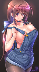 Rule 34 | 1girl, areola slip, blue overalls, breasts, brown hair, cleavage, commentary request, hair ribbon, highres, kamogawa tanuki, large breasts, long hair, naked overalls, no bra, original, overalls, pantyhose, purple eyes, ribbon, sideboob, solo, thighs