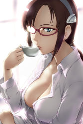 Rule 34 | 00s, 1girl, blue eyes, breasts, brown hair, cleavage, cup, downblouse, drinking, evangelion: 2.0 you can (not) advance, glasses, hairband, large breasts, long hair, makinami mari illustrious, naked shirt, neon genesis evangelion, open clothes, open shirt, rebuild of evangelion, red-framed eyewear, shirt, solo, teacup, ueyama michirou, unbuttoned