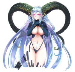 Rule 34 | 1girl, barbariank, braid, breasts, capelet, commentary, cowboy shot, crossed arms, elbow gloves, english commentary, fate/grand order, fate (series), gloves, gluteal fold, hair between eyes, hands on own chest, horns, large breasts, light purple hair, long hair, long horns, looking at viewer, monster girl, navel, pink eyes, pointy ears, pubic tattoo, simple background, solo, stomach tattoo, symbol-shaped pupils, tail, tattoo, thick eyebrows, thigh gap, tiamat (fate), very long hair, white background