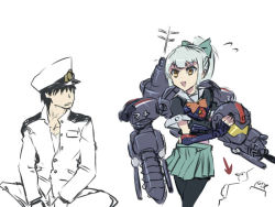 Rule 34 | 10s, 1boy, 1girl, admiral (kancolle), black hair, bow, cannon, chest cannon, cosplay, crossover, depo (typebaby505), directed-energy weapon, energy, energy cannon, energy weapon, folded ponytail, gd6 chain sword, gipsy danger, gipsy danger (cosplay), grey hair, hair bow, hair ribbon, hat, helmet, i-19 plasmacaster, jaeger (pacific rim), kantai collection, legendary pictures, mecha, military, military uniform, nuclear vortex turbine, pacific rim, pan pacific defense corps, pantyhose, peaked cap, plasma cannon, ponytail, ribbon, robot, school uniform, serafuku, short hair, sword, uniform, weapon, whip, whip sword, yellow eyes, yuubari (kancolle)