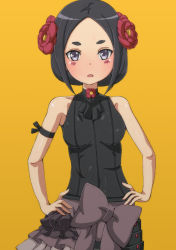 Rule 34 | 1girl, armband, bad anatomy, bad id, bad pixiv id, black eyes, black hair, black skirt, blush, bow, breasts, flower, grey bow, hair flower, hair ornament, hands on own hips, li@ (rikku04), looking at viewer, parted bangs, princess principal, short hair, simple background, skirt, sleeveless, small breasts, solo, standing, toudou chise, upper body, yellow background
