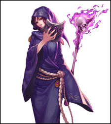 Rule 34 | 00s, 1girl, dungeon and fighter, female focus, fire, isadora (dungeon and fighter), mask, purple hair, scepter, simple background, skull, solo, standing, white background