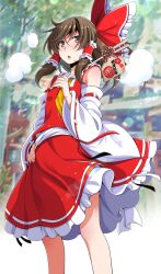 Rule 34 | 1girl, :o, ascot, bare shoulders, bow, brown hair, detached sleeves, dress, eichi yuu, frills, hair bow, hair tubes, hakurei reimu, hand on own hip, highres, nontraditional miko, open mouth, red bow, red dress, red skirt, sarashi, skirt, solo, touhou, wide sleeves, yellow ascot