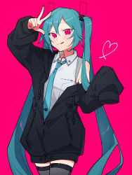 Rule 34 | 1girl, :q, absurdres, arm up, bare shoulders, black jacket, black thighhighs, blue hair, blue necktie, blush, commentary, cowboy shot, drawstring, grey shirt, hair tie, hatsune miku, hatsune miku (vocaloid4), heart, highres, jacket, long hair, looking at viewer, nail polish, necktie, odd (miyoru), partially unzipped, pink background, pink eyes, pink nails, shirt, sleeveless, sleeveless shirt, sleeves past fingers, sleeves past wrists, solo, symbol-only commentary, thighhighs, tongue, tongue out, twintails, v4x, very long hair, vocaloid, w