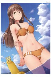 Rule 34 | 1girl, absurdres, arm behind back, artist name, bare shoulders, bikini, blue sky, breasts, brown eyes, brown hair, cleavage, cloud, cloudy sky, collarbone, day, fingernails, highres, kamelie, looking at viewer, navel, open mouth, orange bikini, outdoors, partially submerged, scan, sky, smile, solo, stomach, swimsuit, toranoana, wading, water drop, yellow bikini