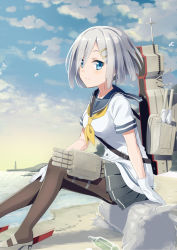 Rule 34 | 10s, 1girl, beach, bird, black pantyhose, blue eyes, blush, bottle, breasts, cloud, day, gloves, gotyou, hair ornament, hair over one eye, hairclip, hamakaze (kancolle), highres, kantai collection, looking at viewer, medium breasts, outdoors, pantyhose, school uniform, serafuku, short hair, silver hair, sitting, skirt, skky, sky, smile, solo, white gloves
